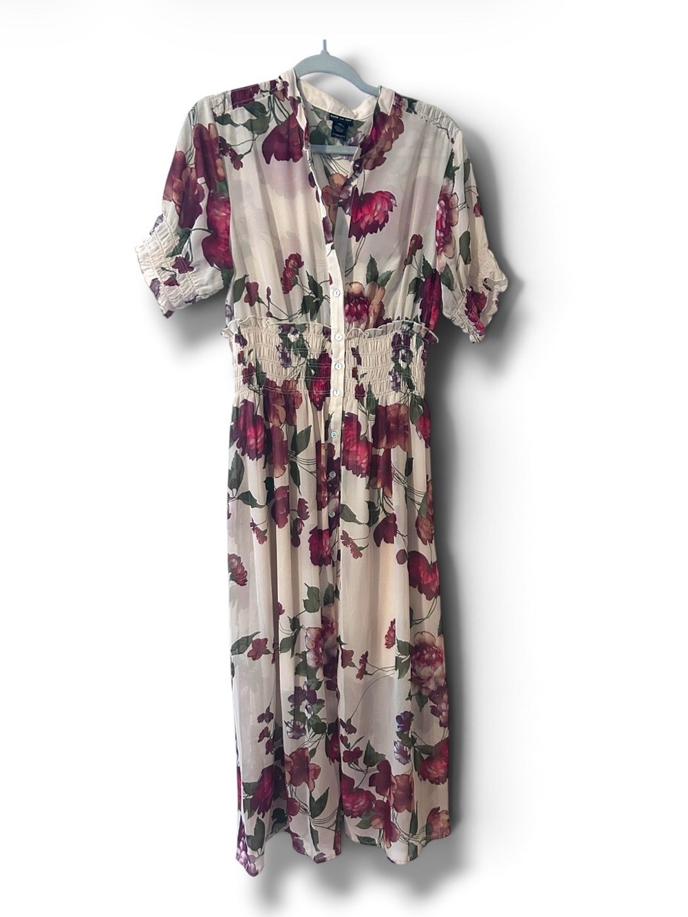 Cream Maxi Dress with Pink Floral Print and Smocked Waist